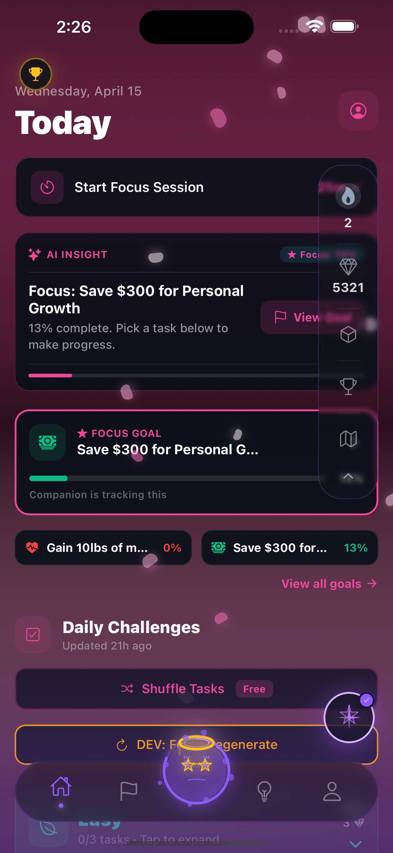 Pathways daily quests screen with Quick Wins, Steady Progress, and Deep Work buckets